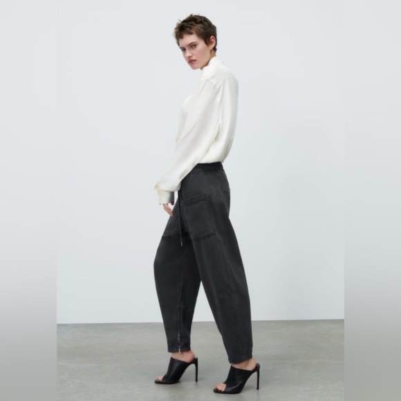Zara The Simone Barrel Fit Pants Drawstring Waist Zipper Ankle Tapered - Picture 8 of 15
